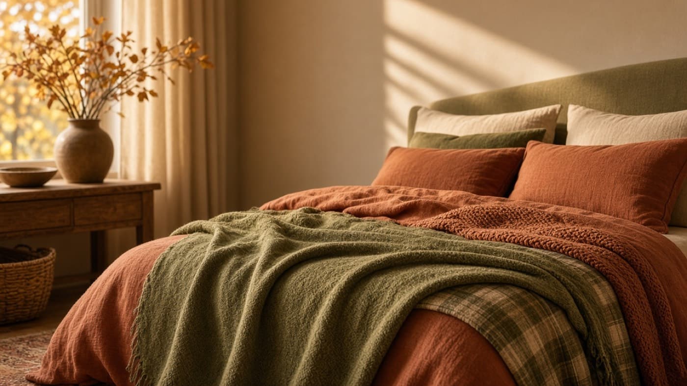 Seasonal bedroom with warm layered blankets