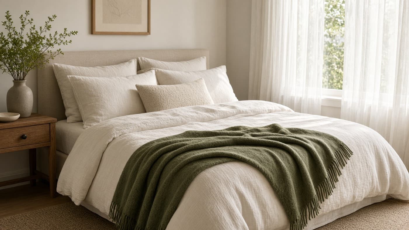Serene bedroom with layered cotton bedding and an olive throw